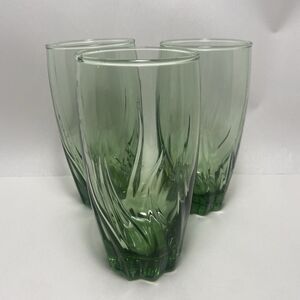 3 Vintage Libbey Crisa Olive Green Swirl Twist Drinking Glasses Tumblers 16oz.